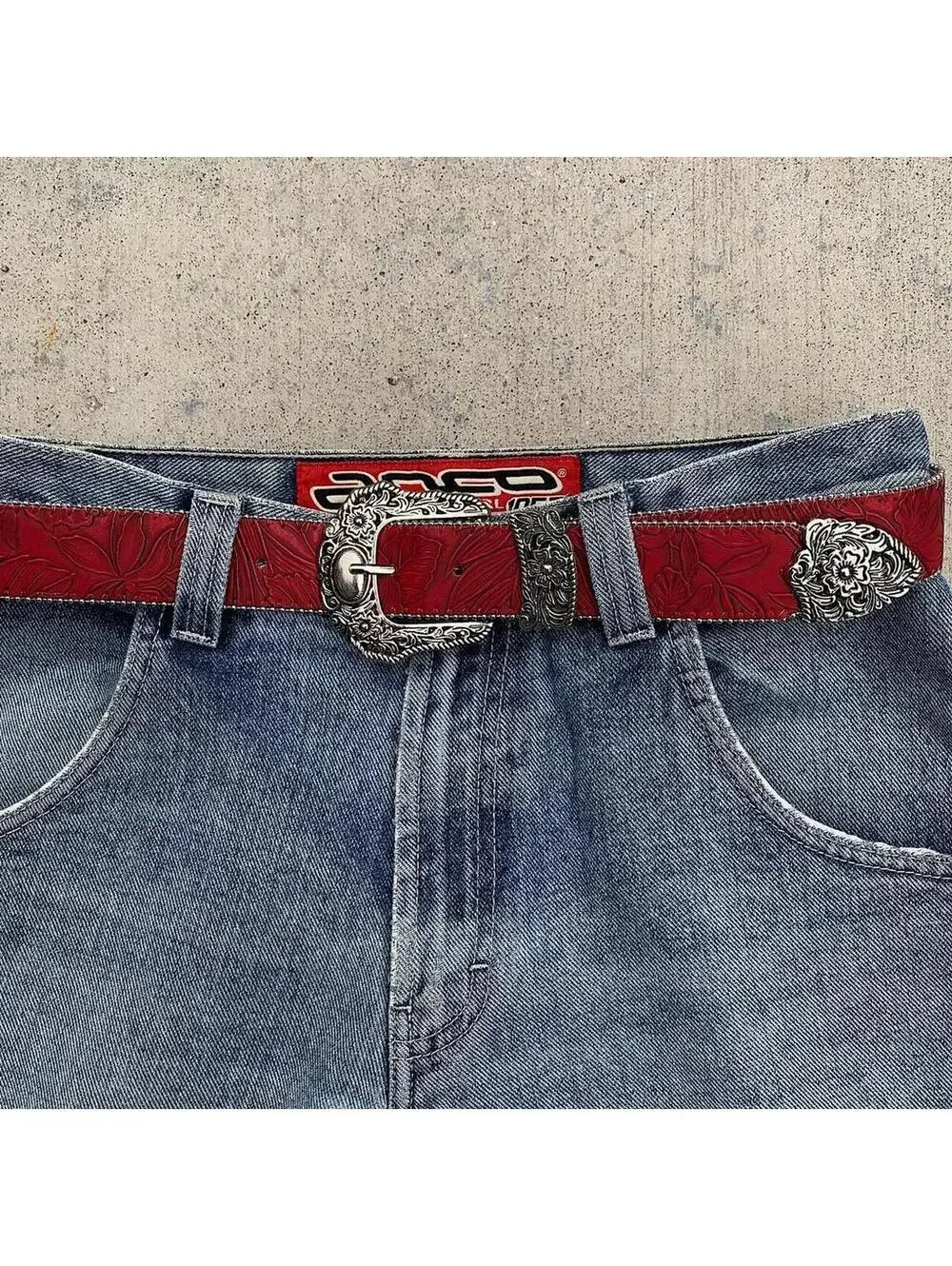 Red Western Floral belt with silver belt buckle. 38 inches length